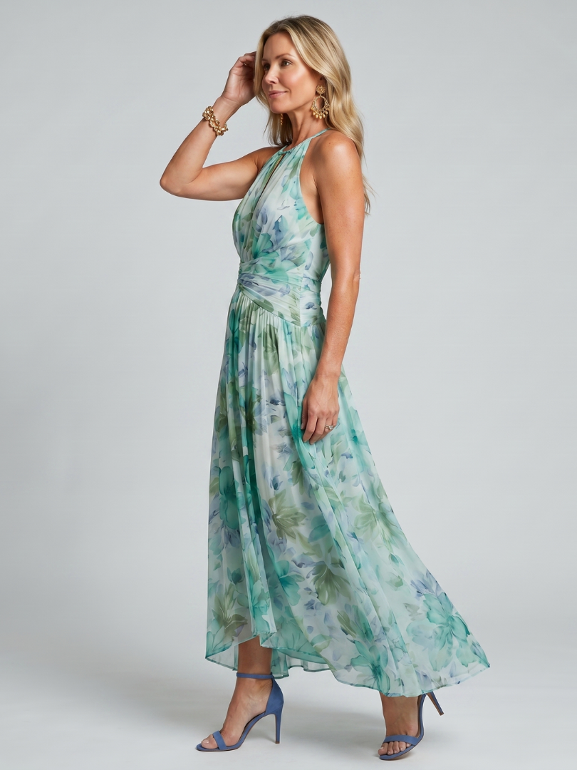 Portia | Vestido midi suave de flores, con cuello halter y corpiño plisado