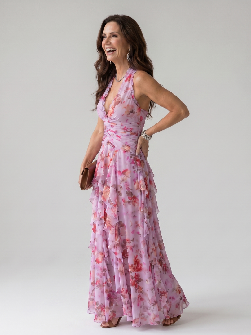 Nori | Robe longue à fleurs, encolure dos nu et corsage froncé