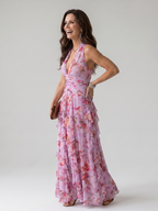 Nori | Robe longue à fleurs, encolure dos nu et corsage froncé