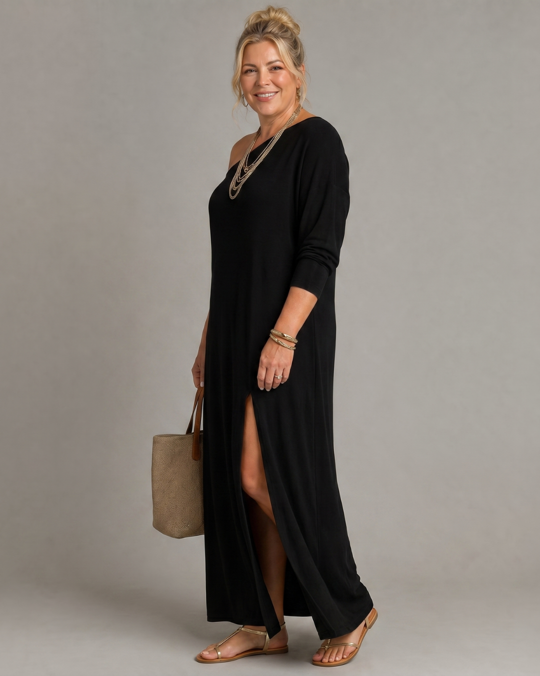 Asterelle | Vestido midi fluido de um ombro só com fenda lateral