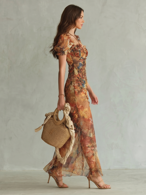 Ciel | Robe midi fendue à manches volantées et corsage froncé