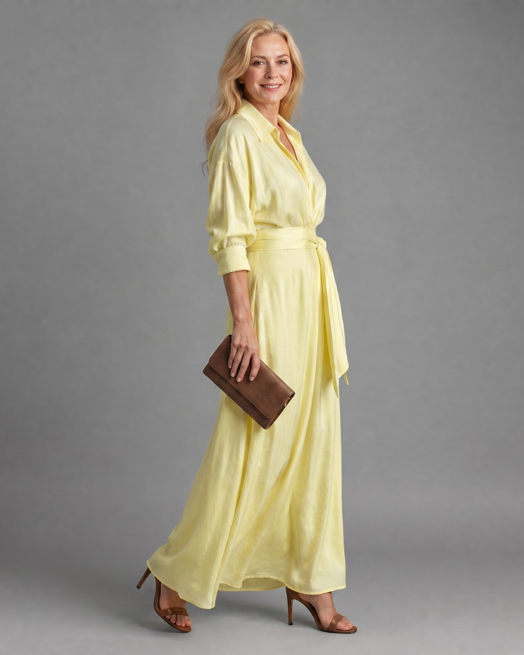 Zelith | Robe midi fluide à manches longues, col chemise et ceinture
