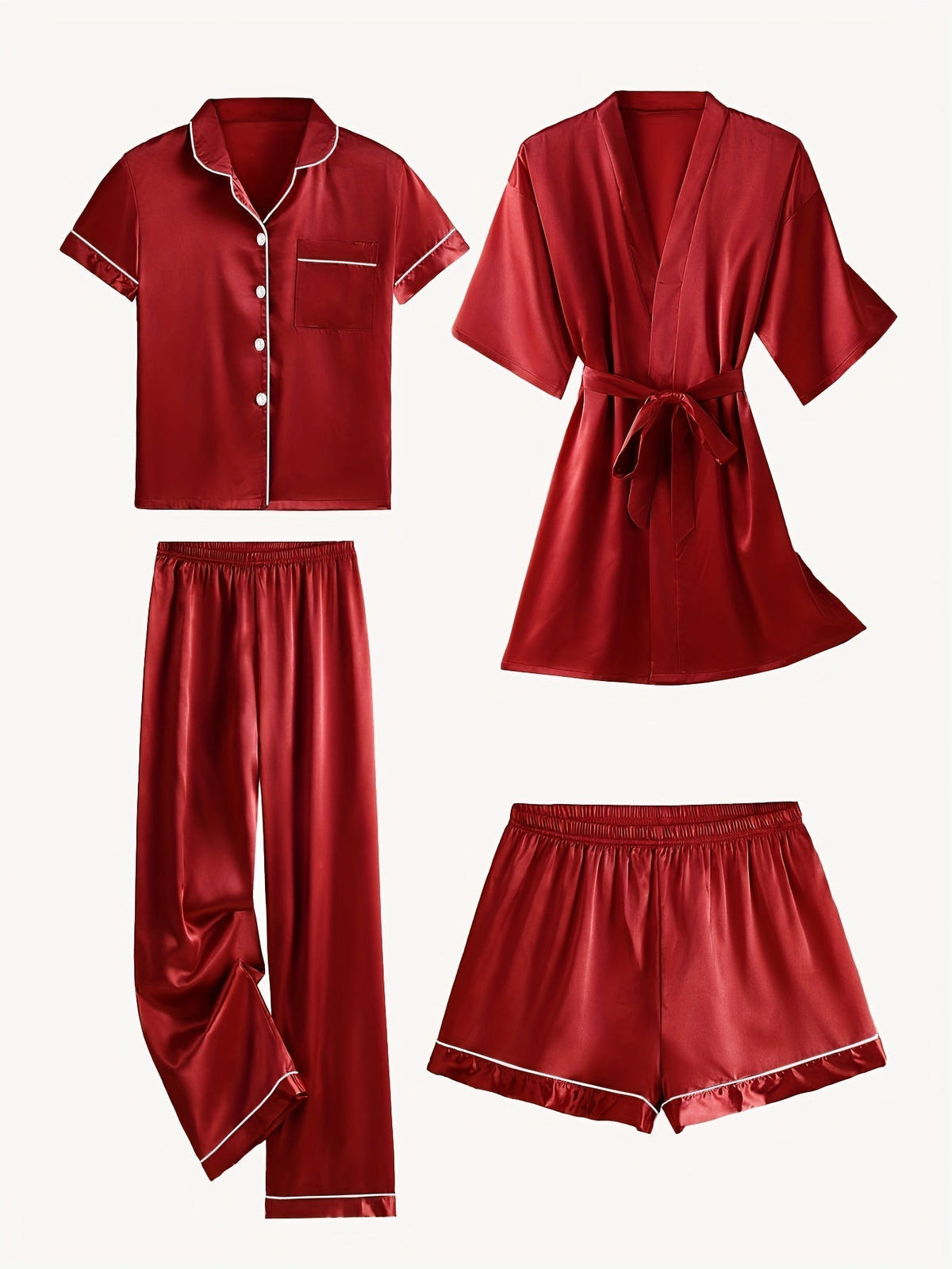 Juliette | Ensemble 4 pièces en satin uni avec pyjama à manches mi-longues et peignoir