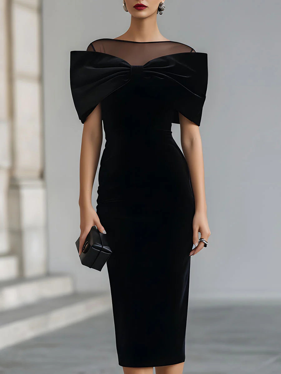 Robe midi spectaculaire en velours noir avec nœud