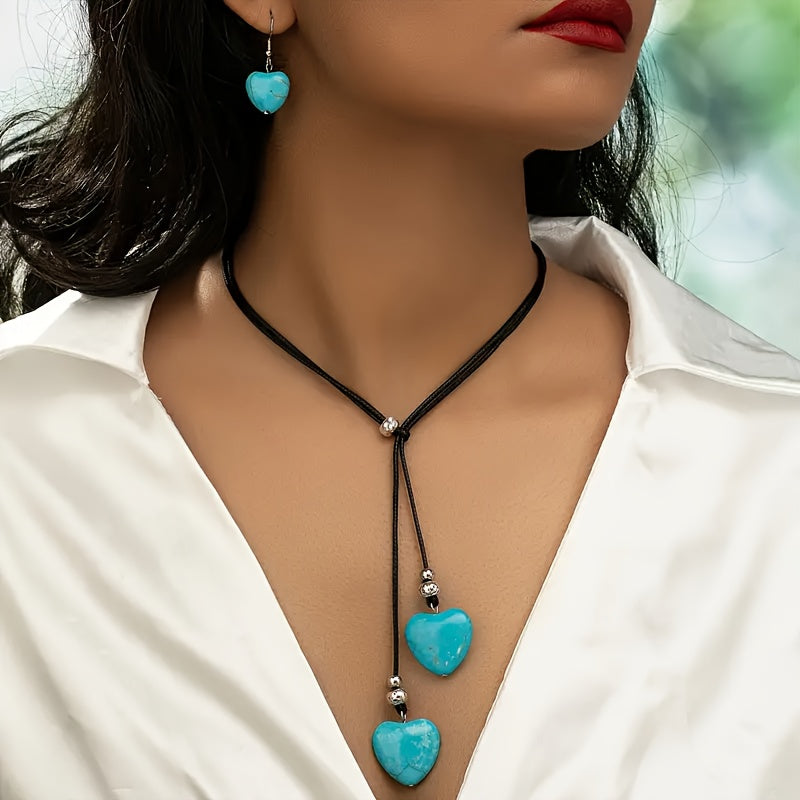 Conjunto vintage bohemio de collar y pendientes con corazón de turquesa  