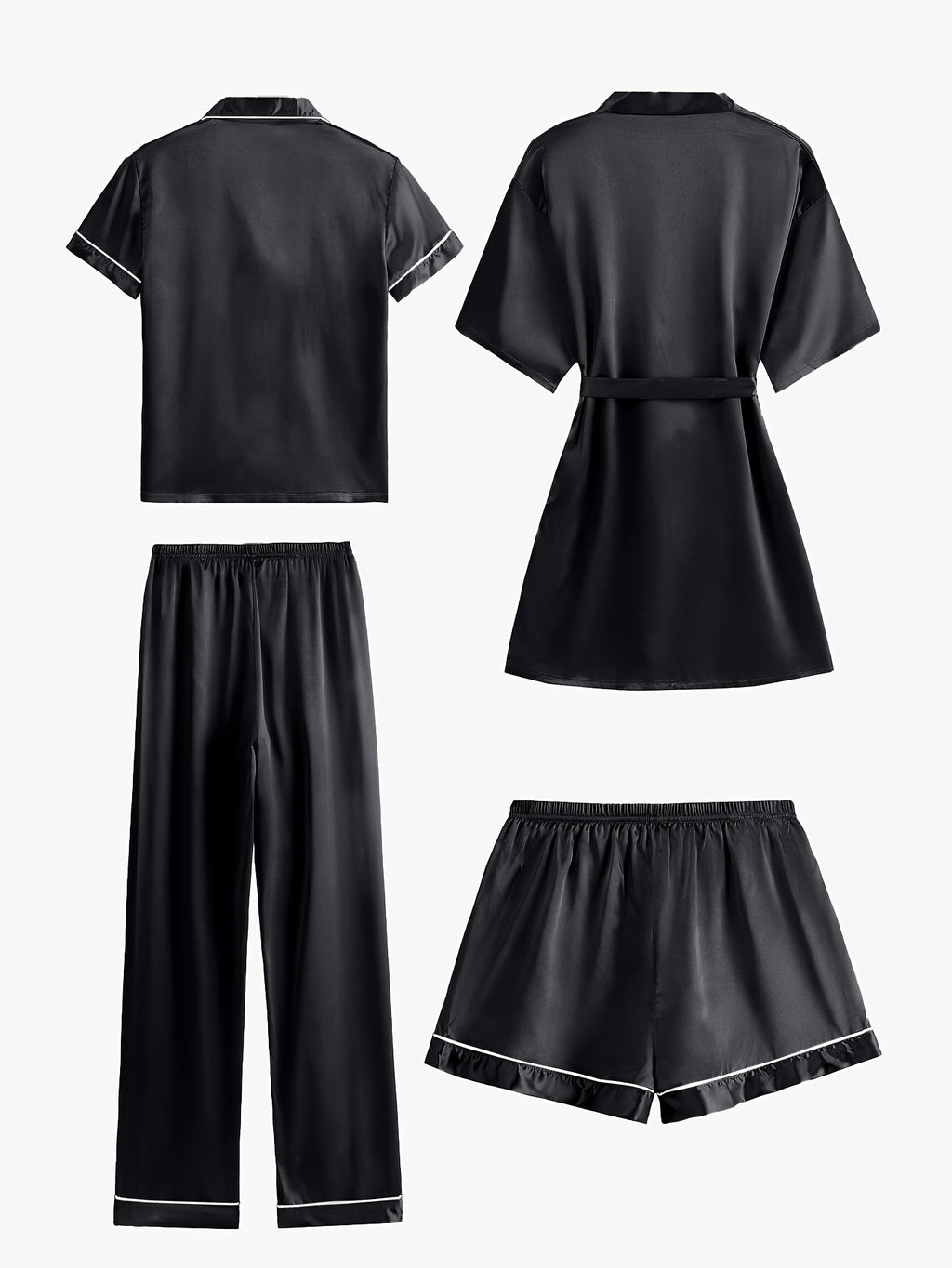 Juliette | Conjunto de pijama y bata de satén liso de manga media, de 4 piezas