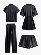 Juliette | Conjunto de pijama y bata de satén liso de manga media, de 4 piezas