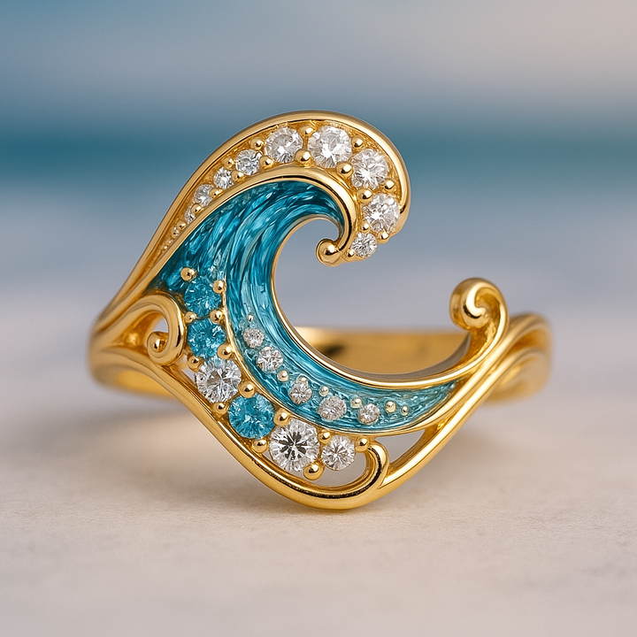 Ocean Wave Gold Ring with Blue Crystal Accents