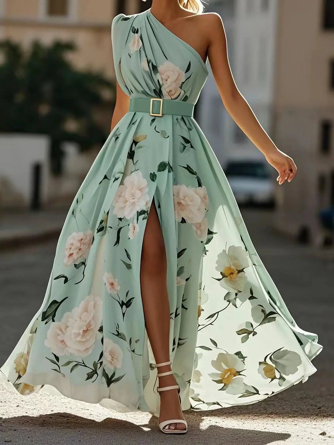 Julie | Vestido maxi de gasa verde claro con flores y un solo hombro