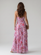 Nori | Robe longue à fleurs, encolure dos nu et corsage froncé