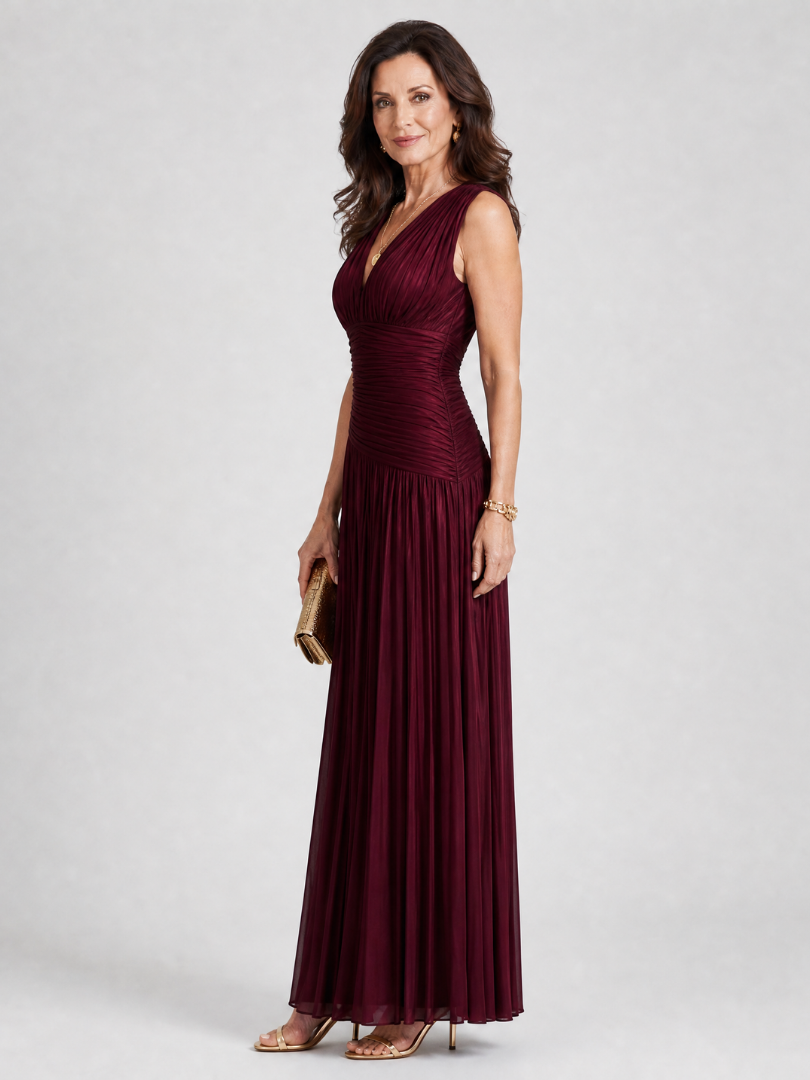 Lemar | Vestido midi sem mangas com decote V plissado