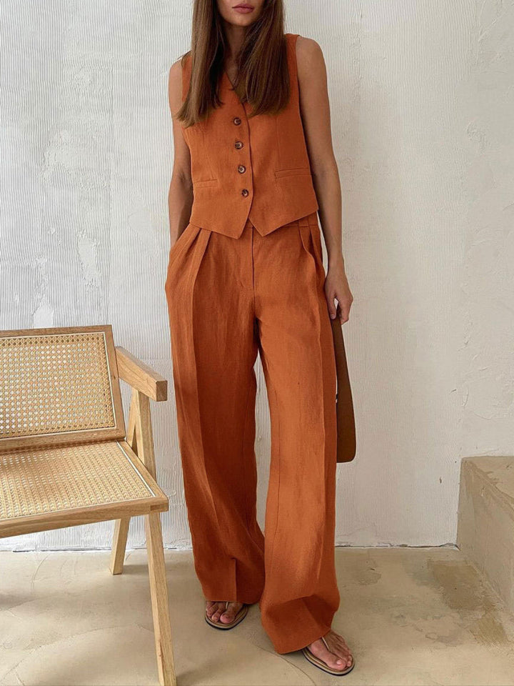 Conjunto de Pantalones Amplios Plisados con Escote en V Lila
