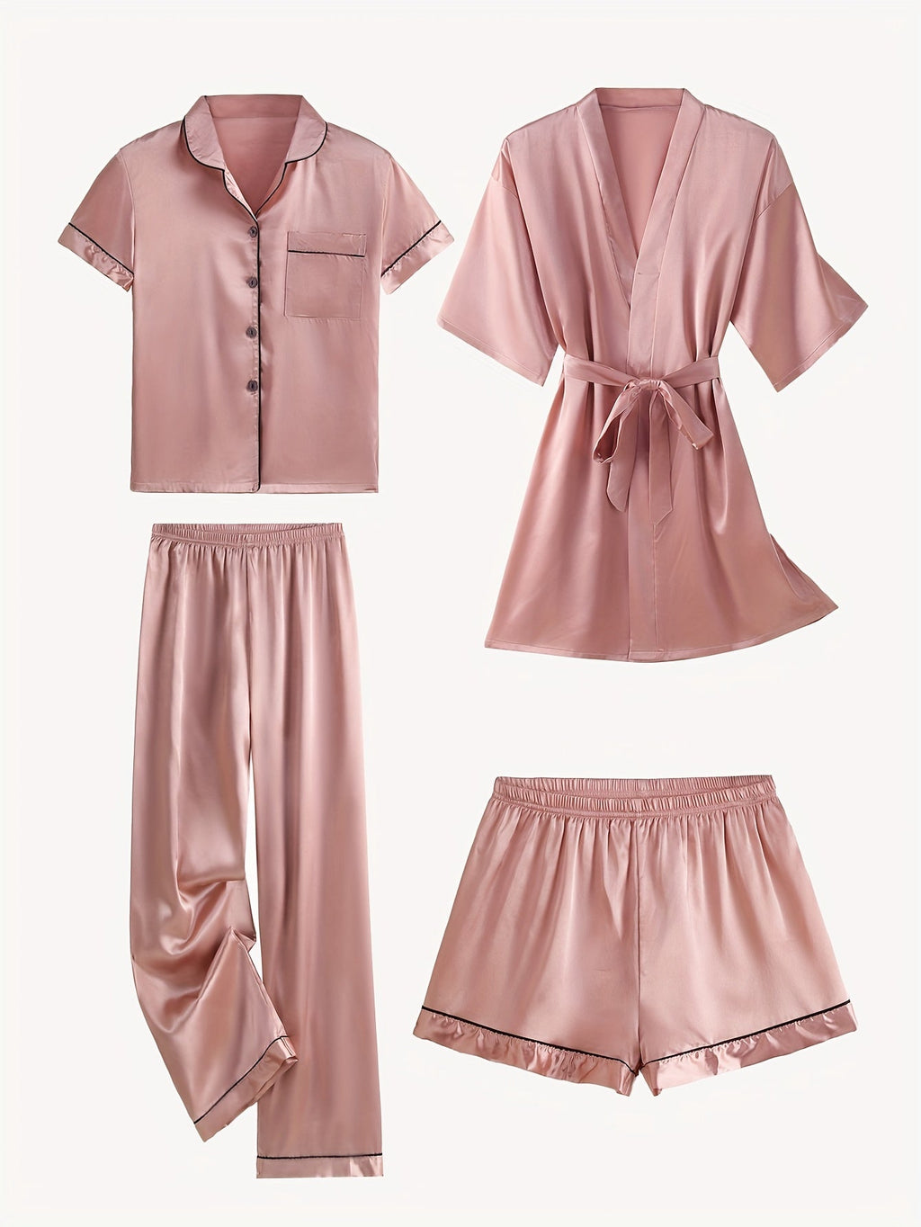 Juliette | Conjunto de pijama y bata de satén liso de manga media, de 4 piezas