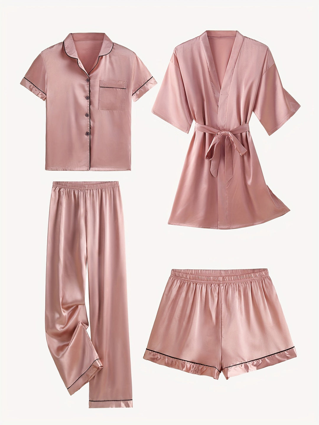 Juliette | 4-Piece Solid Satin Pajama Mid-Sleeve Robe Set