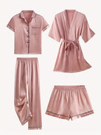 Juliette | Conjunto de pijama y bata de satén liso de manga media, de 4 piezas