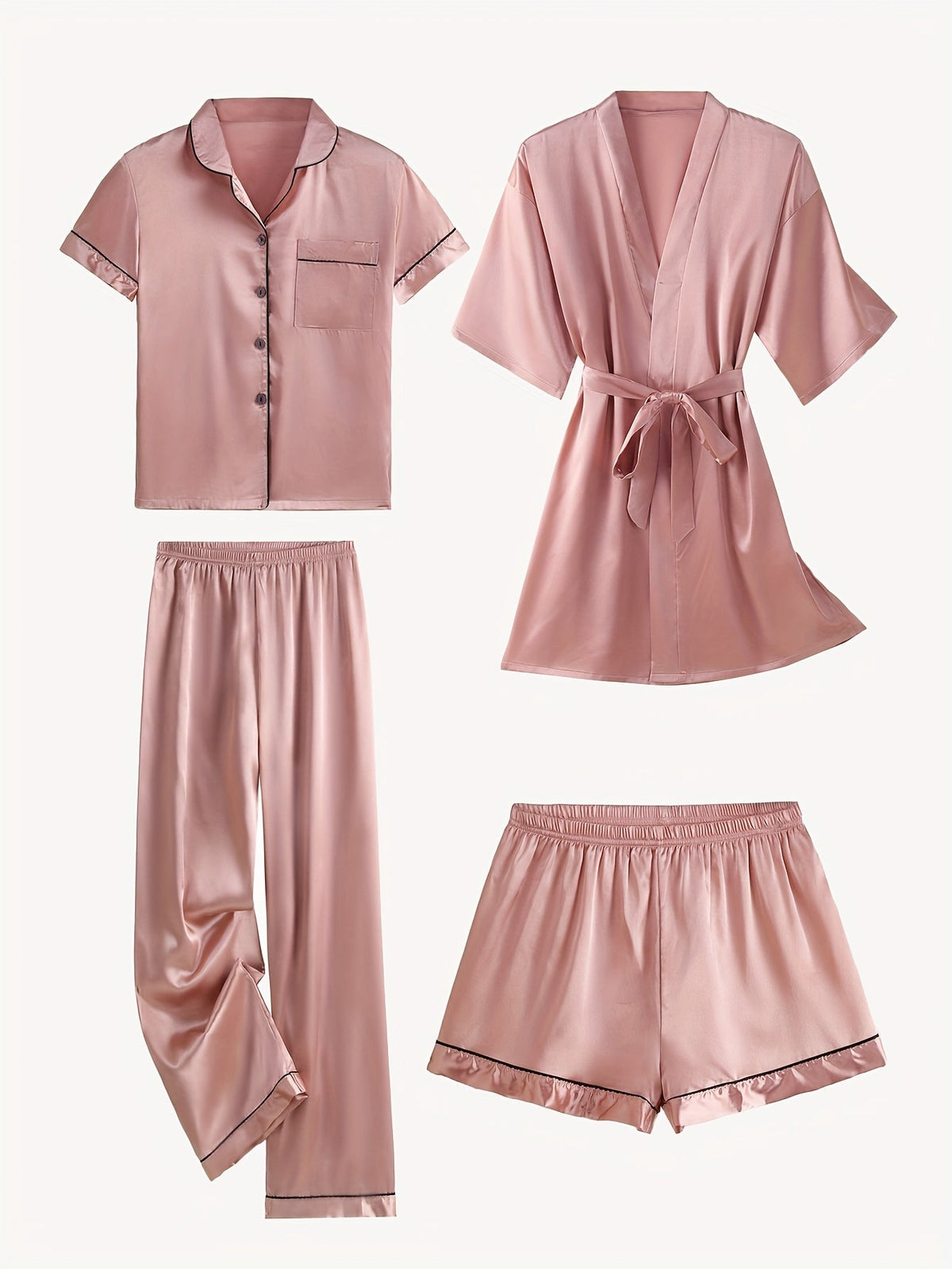 Juliette | Conjunto de pijama y bata de satén liso de manga media, de 4 piezas