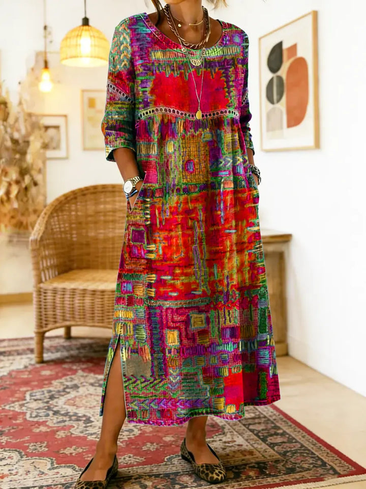 Manuela | Vestido estampado com patchwork étnico