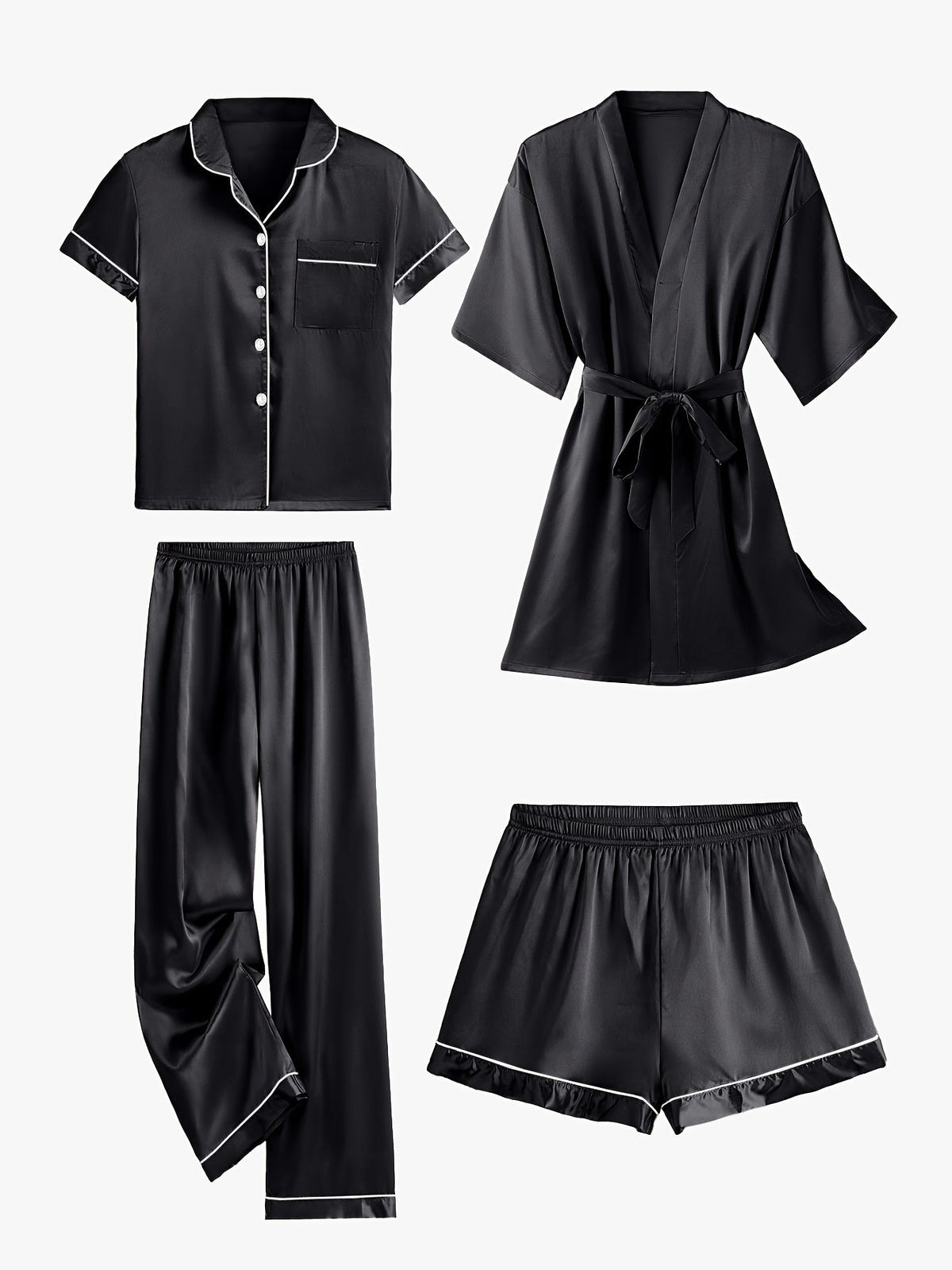 Juliette | Ensemble 4 pièces en satin uni avec pyjama à manches mi-longues et peignoir