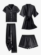 Juliette | Conjunto de pijama y bata de satén liso de manga media, de 4 piezas
