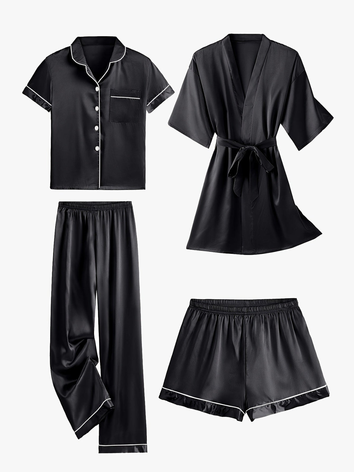 Juliette | Conjunto de pijama y bata de satén liso de manga media, de 4 piezas