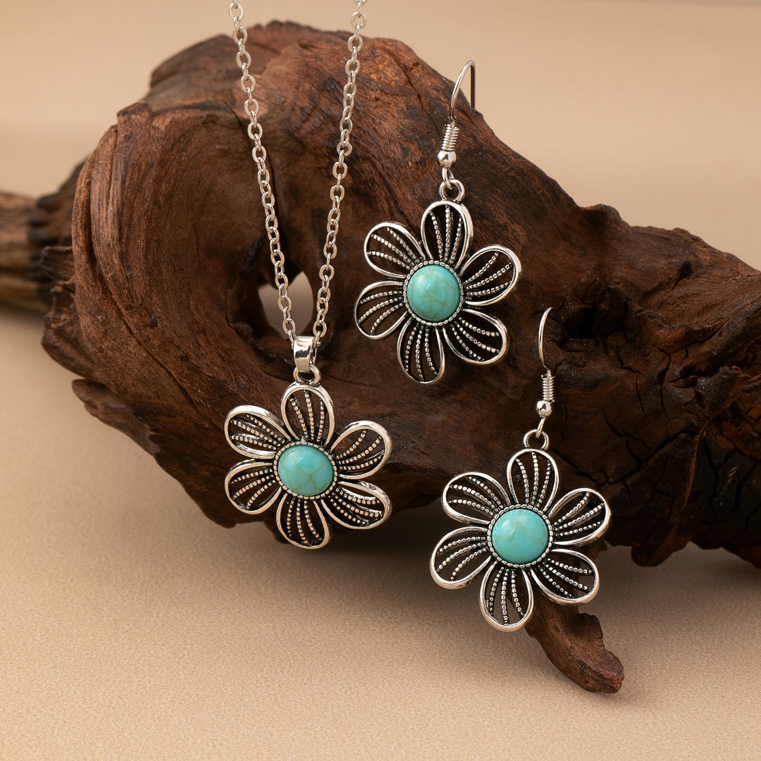 Conjunto de Joyería Vintage Boho de Pendientes y Collar de Flor de Turquesa