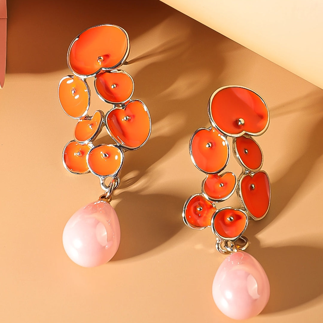 Pendientes colgantes florales esmaltados en verde con lágrima de jade  