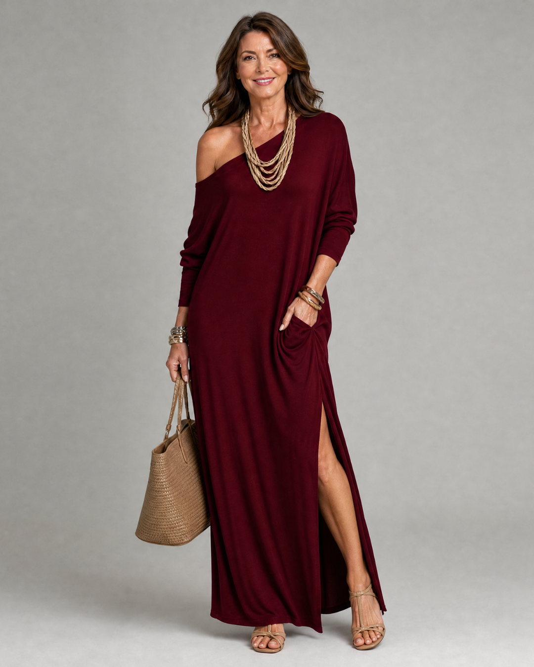 Asterelle | Vestido midi fluido de um ombro só com fenda lateral