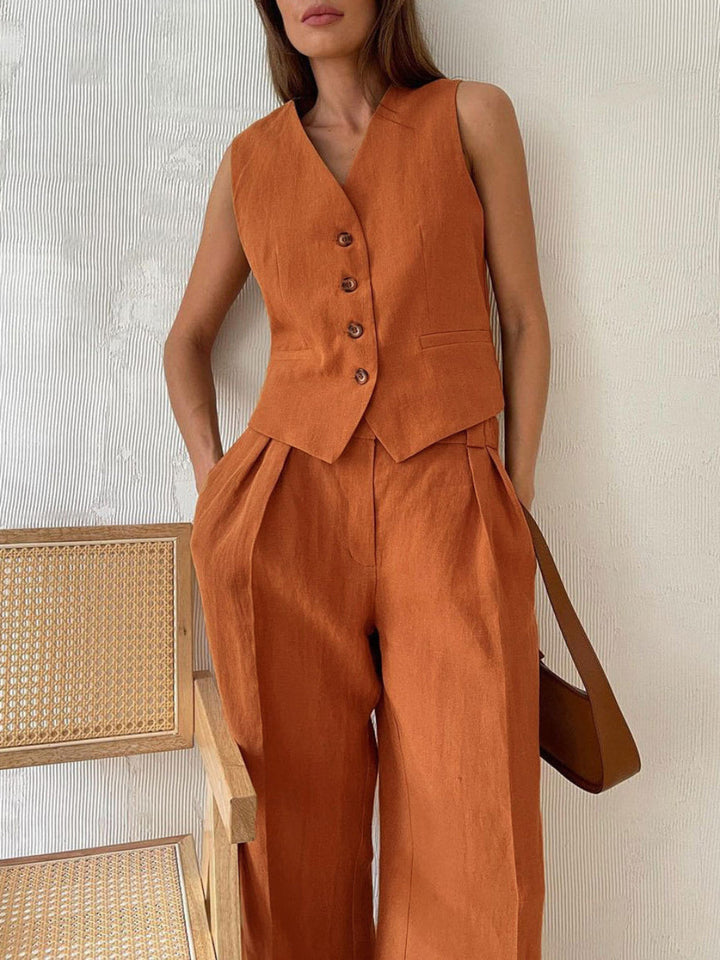 Conjunto de Pantalones Amplios Plisados con Escote en V Lila