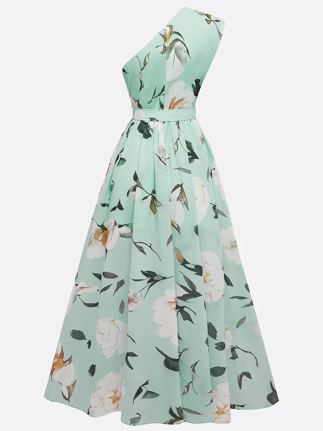 Julie | Vestido maxi de gasa verde claro con flores y un solo hombro