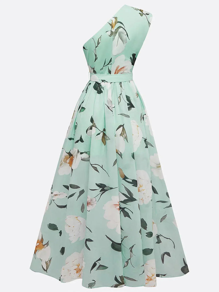 Julie | Vestido maxi de gasa verde claro con flores y un solo hombro