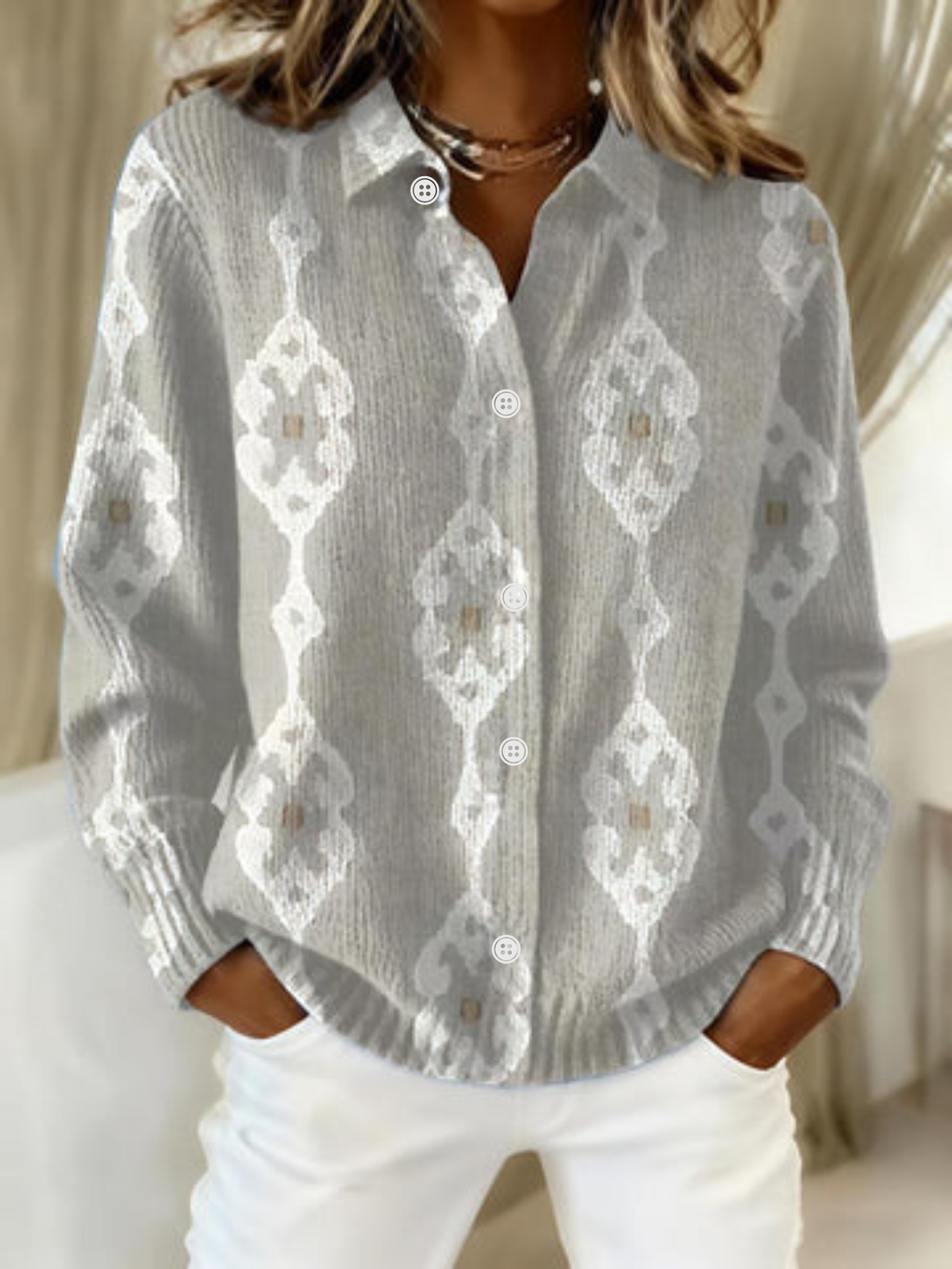 Renee – Elegant Knit Hoodie Blouse with Diamond Pattern