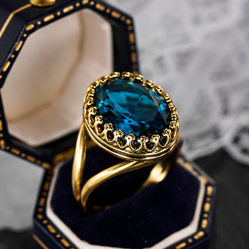 Elegant Gold Plated Oval Blue Stone Ring