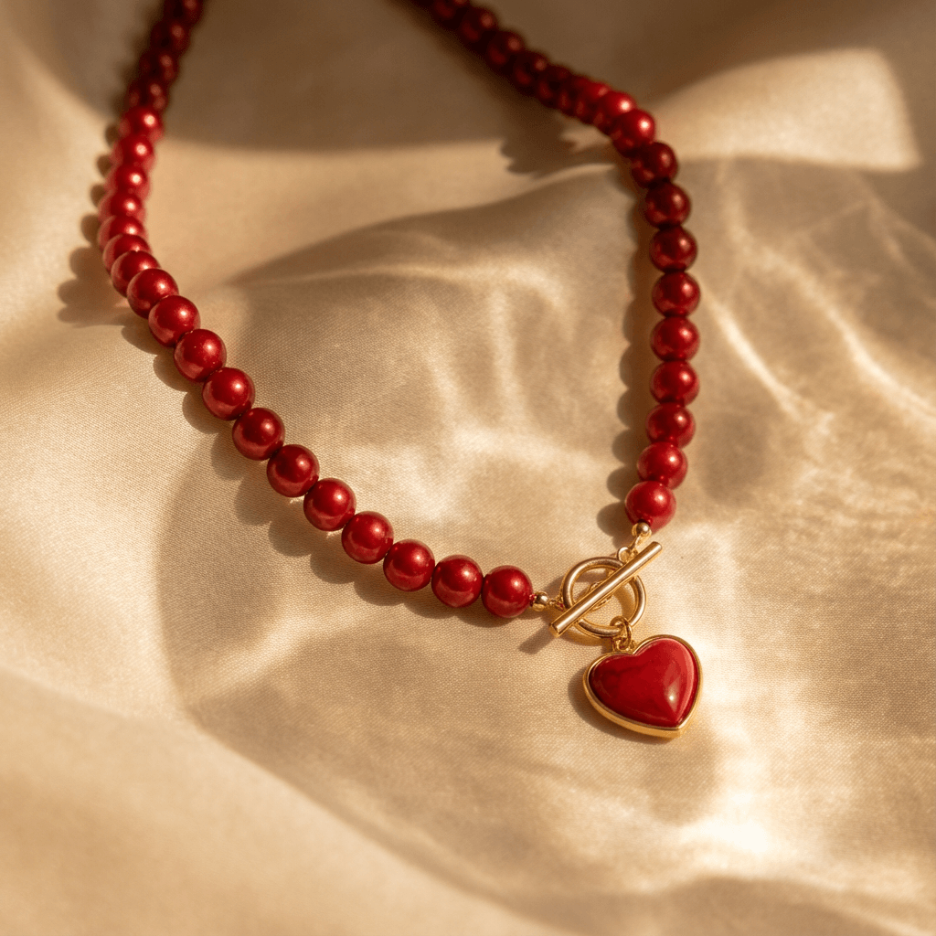 Elegant Acrylic Red Heart Necklace & Bracelet Set