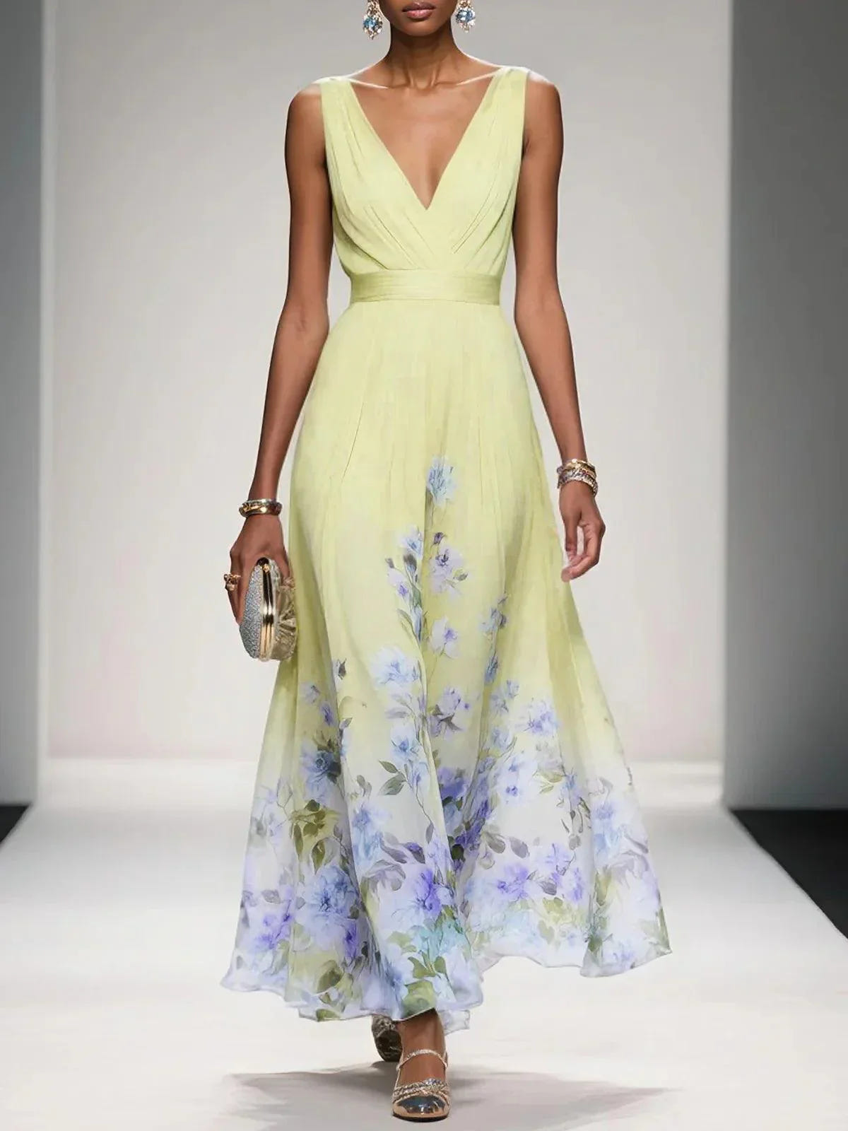 Rose | Vestido maxi floral azul-claro de chiffon com decote em V