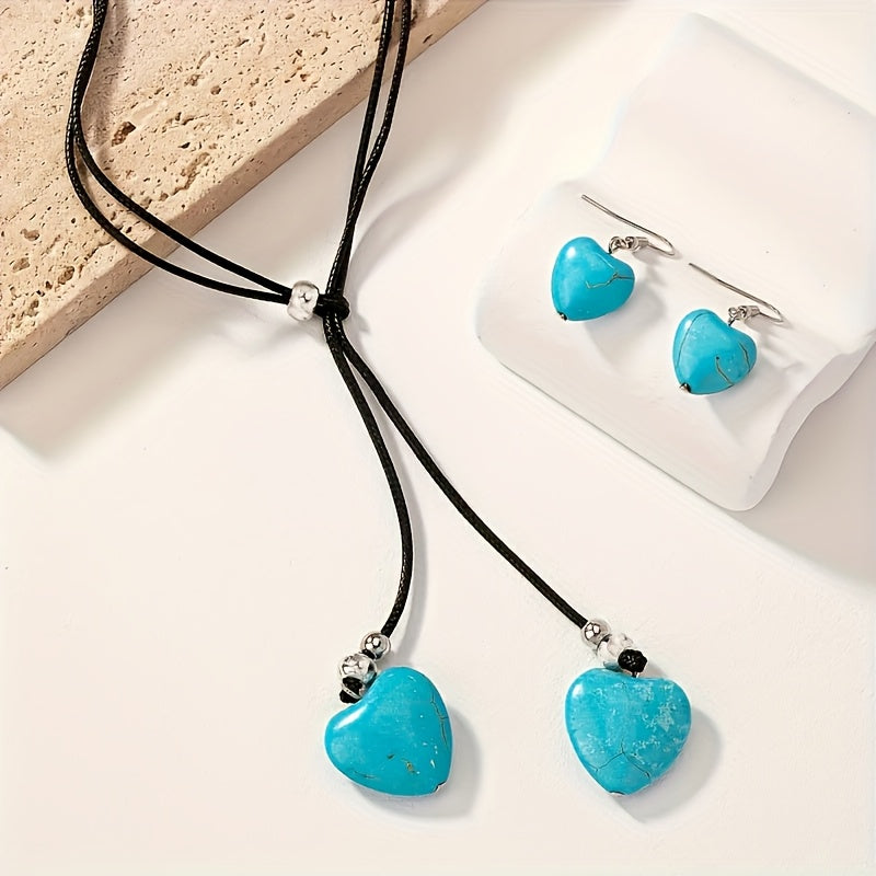 Conjunto vintage bohemio de collar y pendientes con corazón de turquesa  