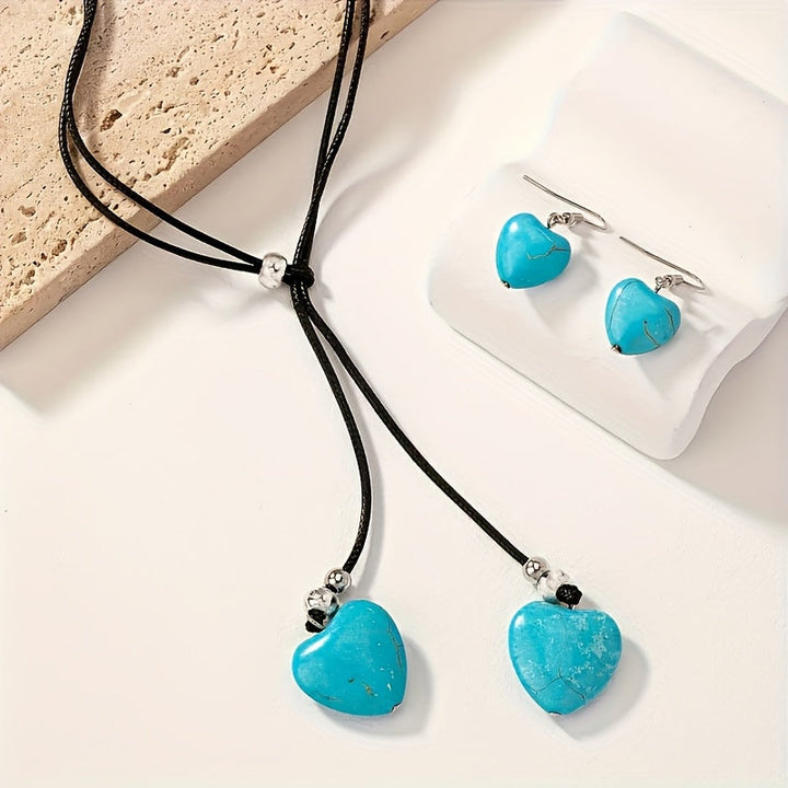 Conjunto vintage bohemio de collar y pendientes con corazón de turquesa  