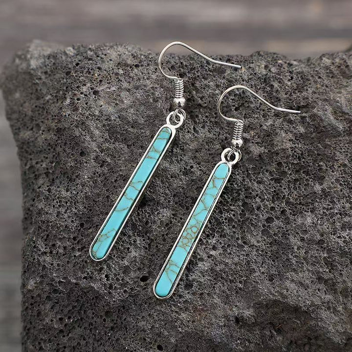 Elegantes Pendientes Colgantes Vintage Chapados en Plata Antigua con Patrón Geométrico de Turquesa