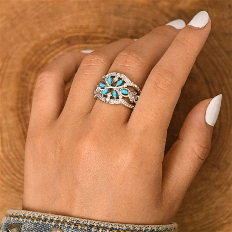 Vintage Boho Turquoise Flowers Vines Ring