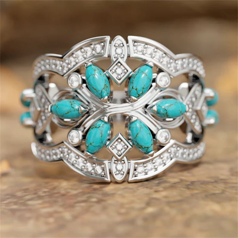 Vintage Boho Turquoise Flowers Vines Ring