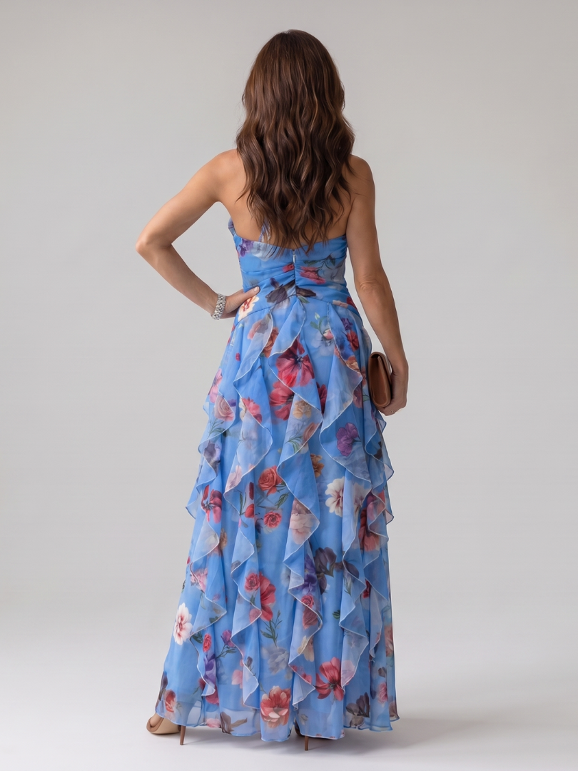 Nori | Robe longue à fleurs, encolure dos nu et corsage froncé