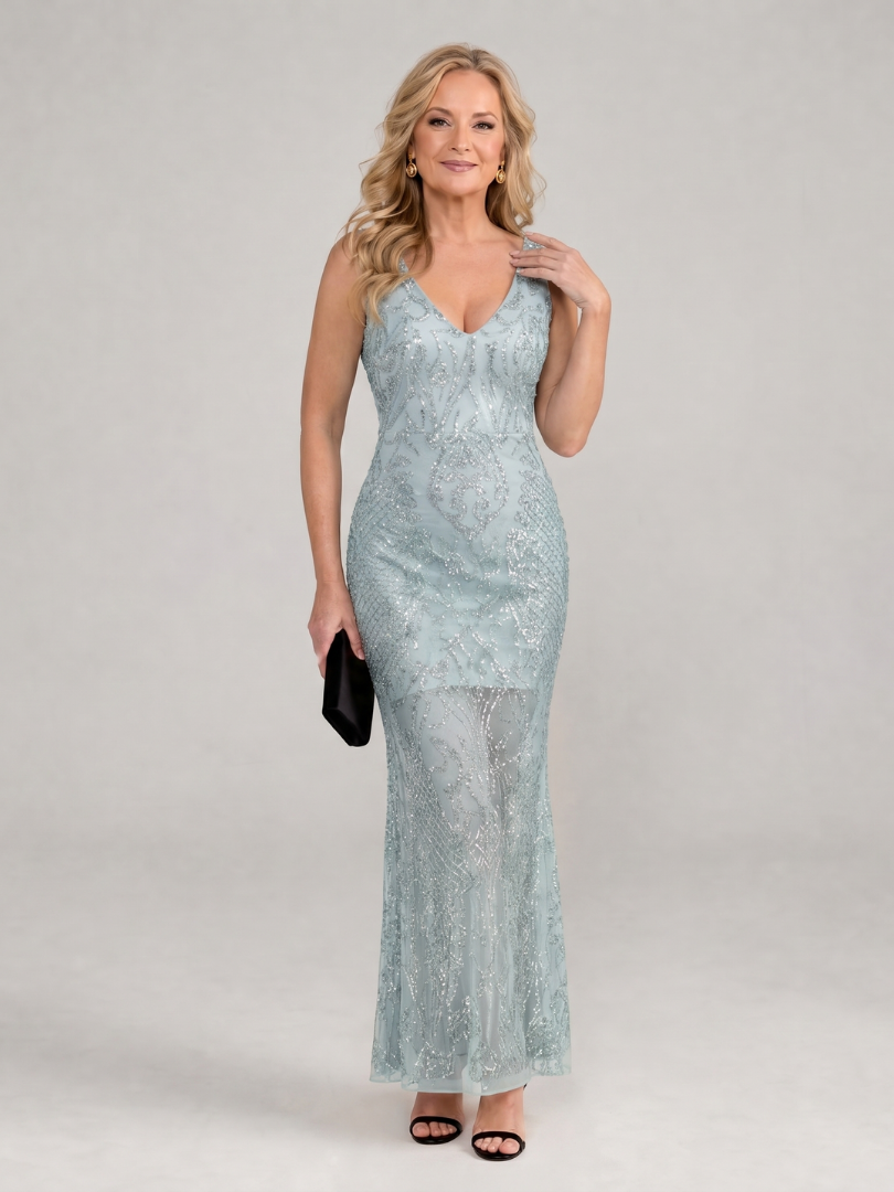 Sirea | Vestido midi com paetês, sem mangas e painel transparente