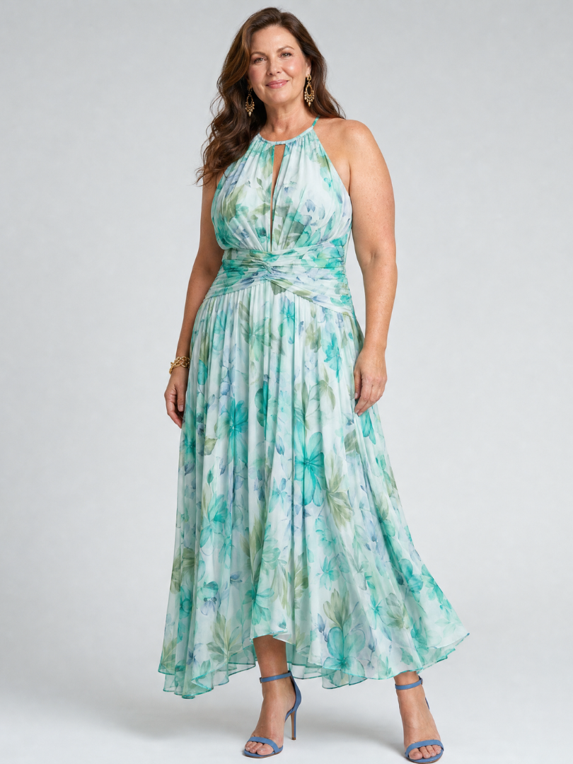 Portia | Vestido midi suave de flores, con cuello halter y corpiño plisado