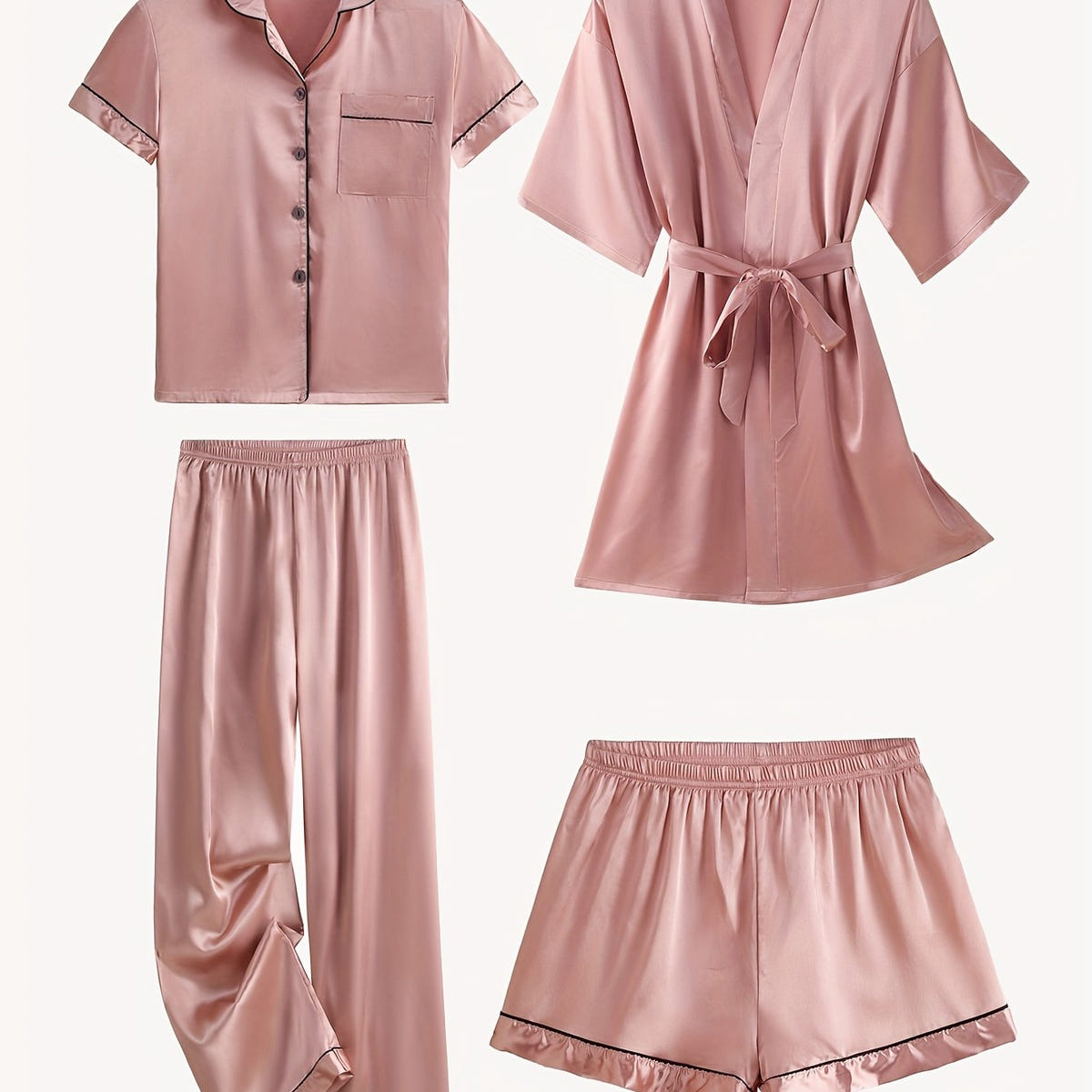 Juliette | Ensemble 4 pièces en satin uni avec pyjama à manches mi-longues et peignoir