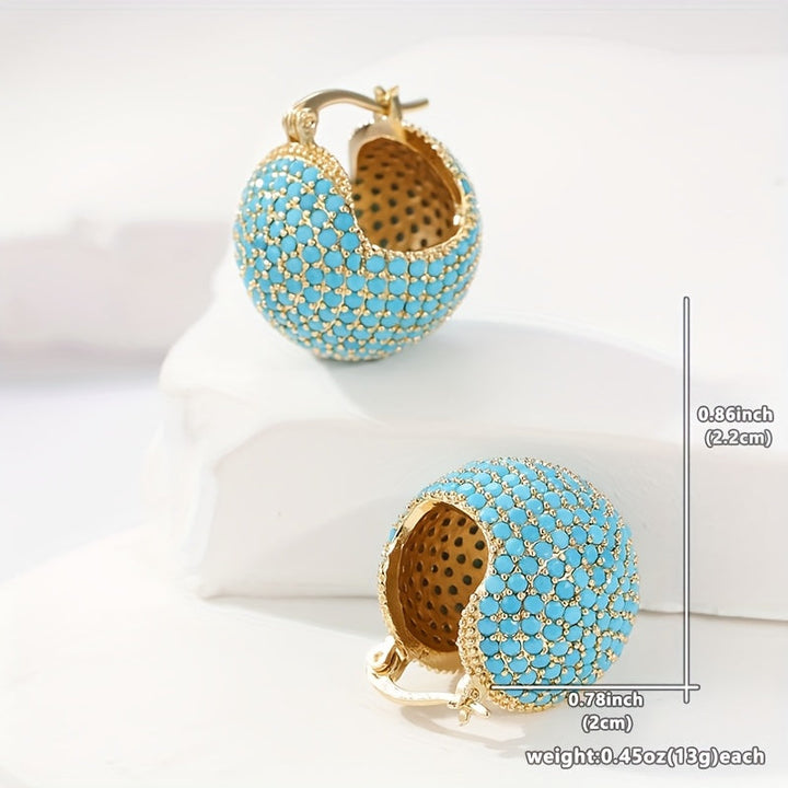 Pendientes clásicos retro de aro cúpula dorada con turquesa