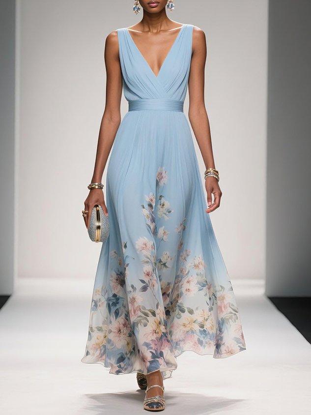 Rose | Vestido maxi floral azul-claro de chiffon com decote em V