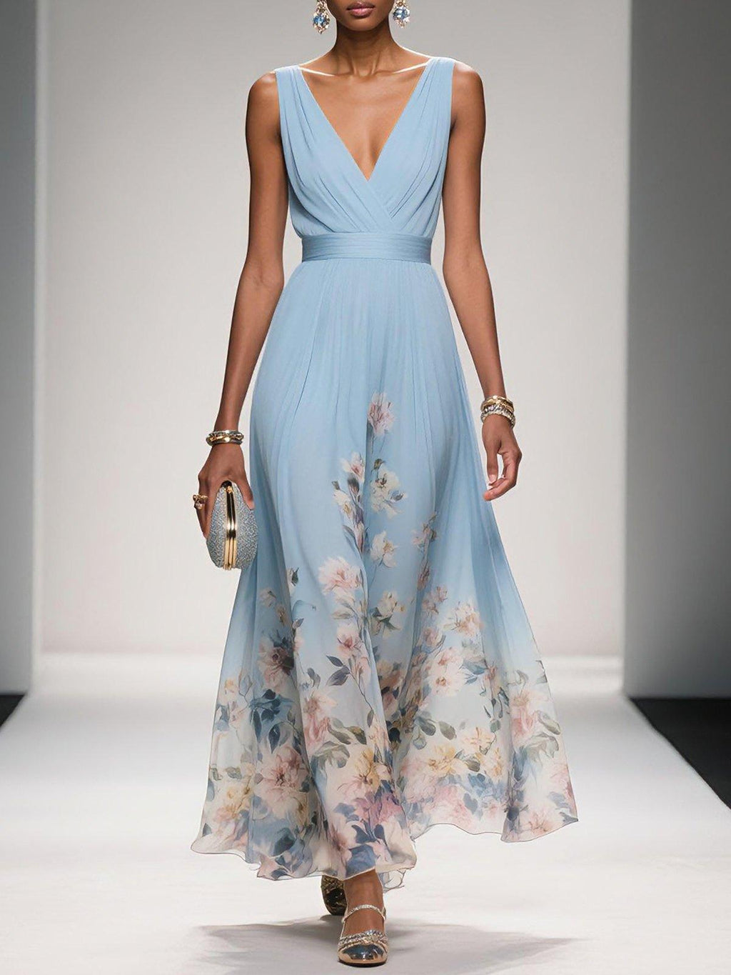 Rose | Vestido maxi floral azul-claro de chiffon com decote em V