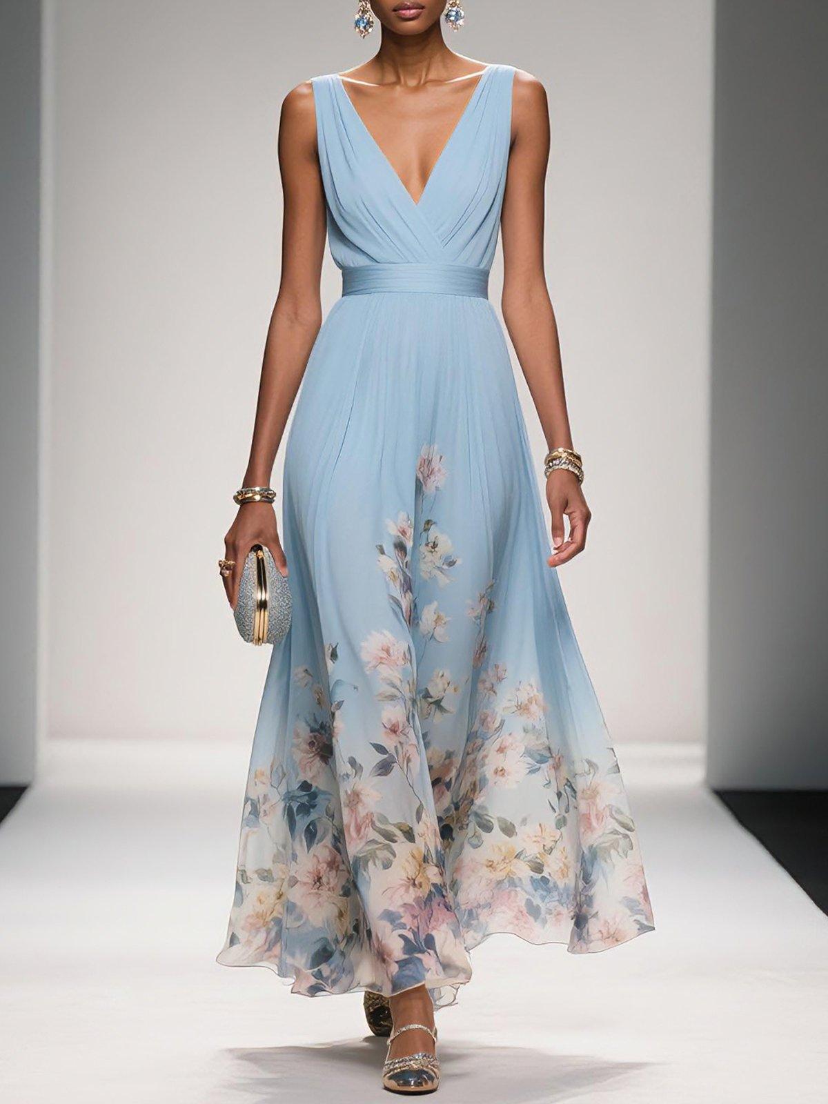 Rose | Vestido maxi floral azul-claro de chiffon com decote em V