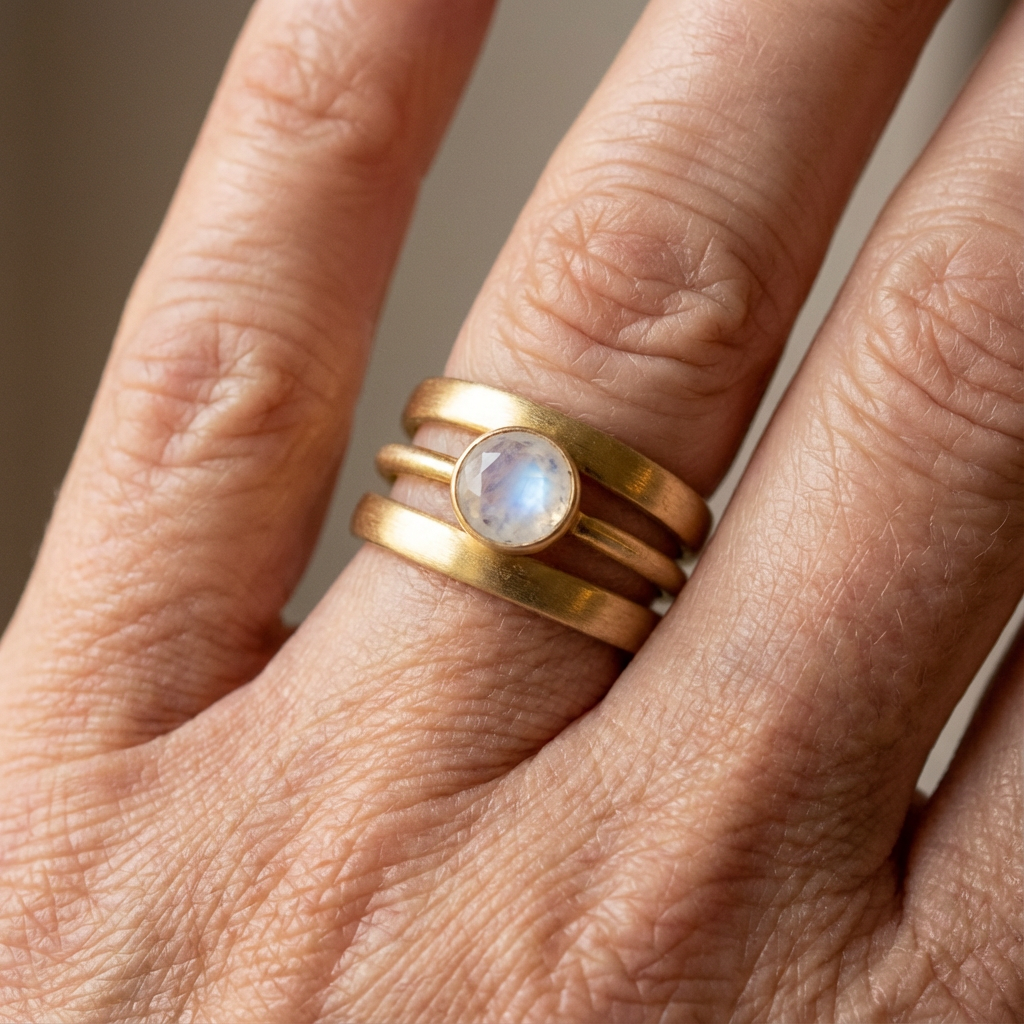 Vintage Moonstone Gold Triple Band Artisan Ring