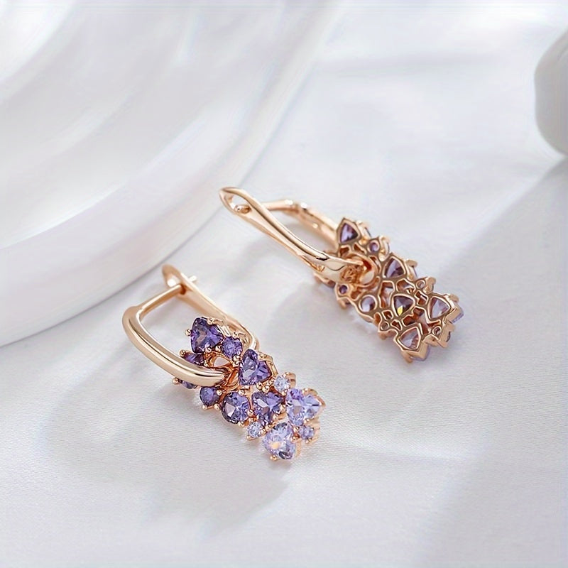 Pendientes de aro chapados en oro con circonita púrpura elegantes  