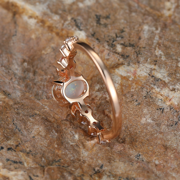 Elegant Rainbow White Fire Opal Small Moon Gold Plated Rings